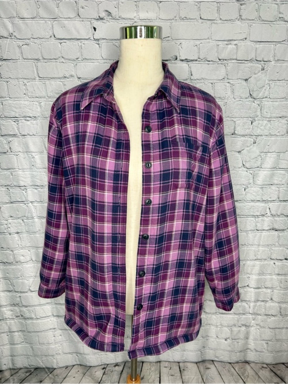 L.L. Bean Purple Plaid Button-Down Fleece Lined Barn Jacket Medium